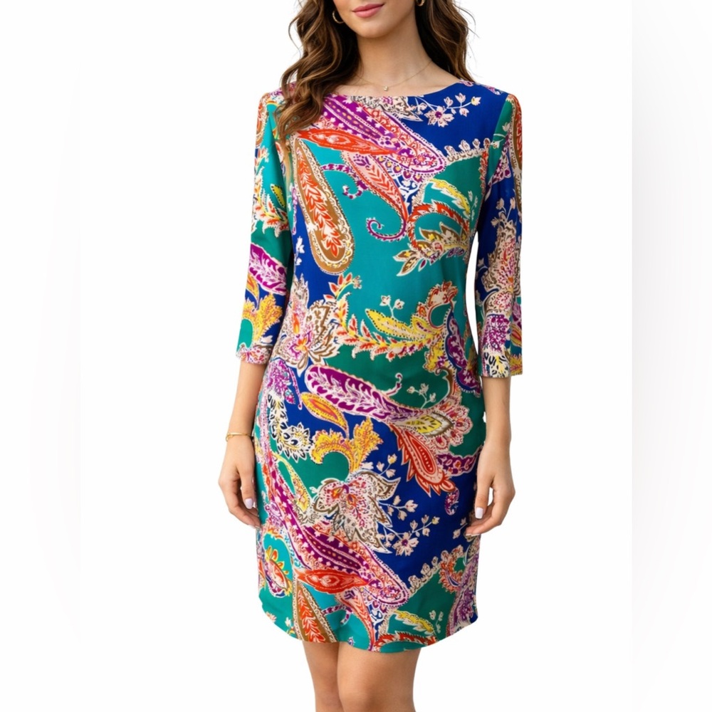 Ralph Lauren Dress 4 Small Paisley 3/4 Long Sleeve Stretch Washable Summer NEW